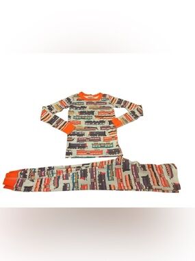 Hanna Andersson Blue Train Print Pajama Set with Red Trim